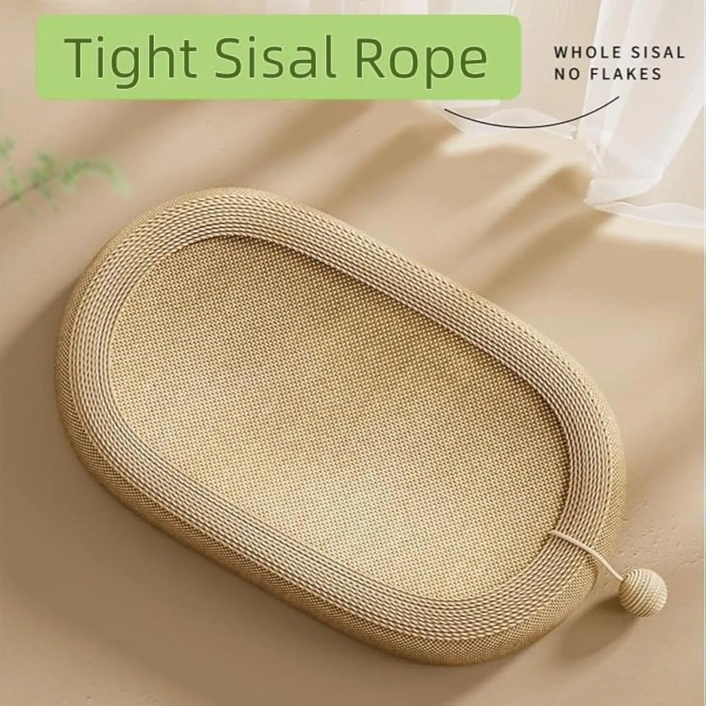 Large rectangular sisal cat scratching board with a raised cat bed lounge on top.