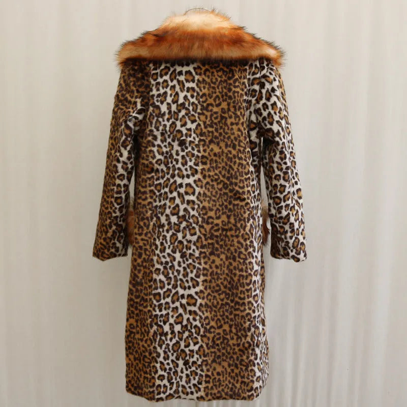 Women's long artificial fur jacket with leopard print pattern, regular sleeves, and casual street-style fit.