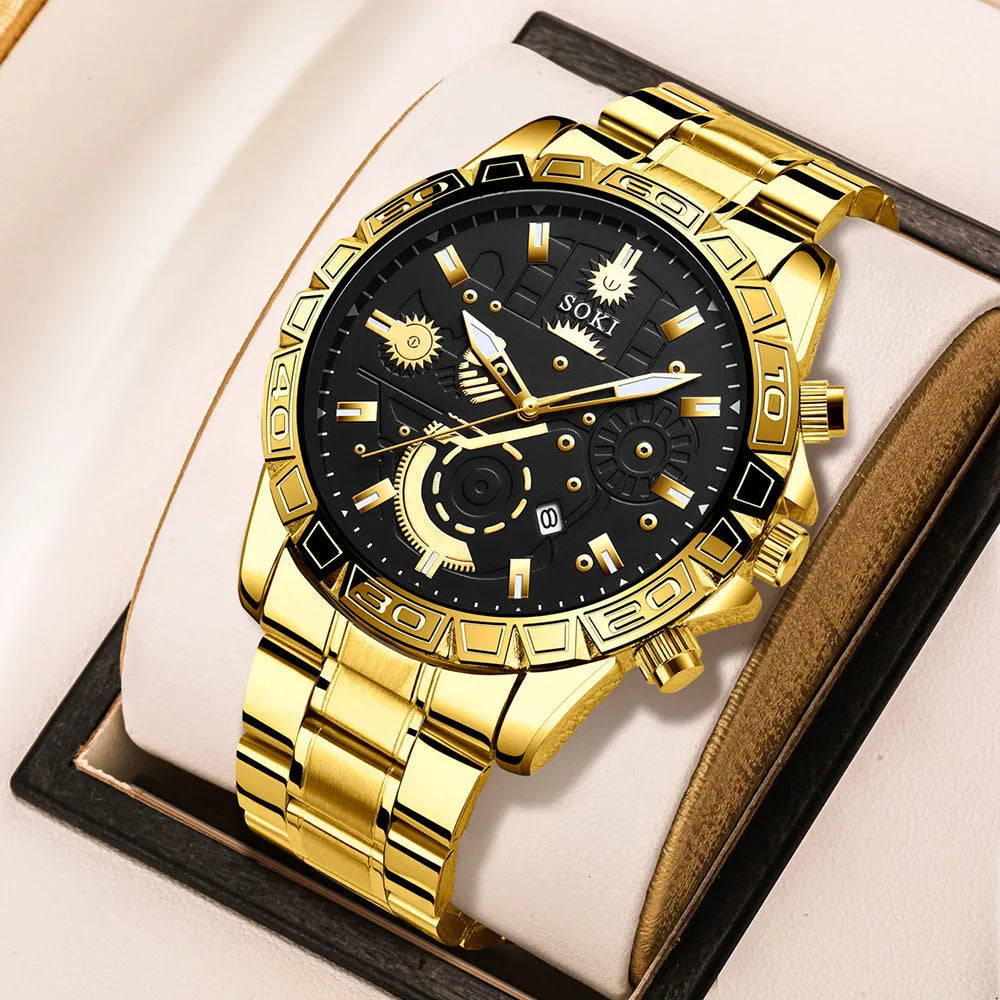Gold men's business watch with stainless steel strap showing spiral crown and single folding buckle