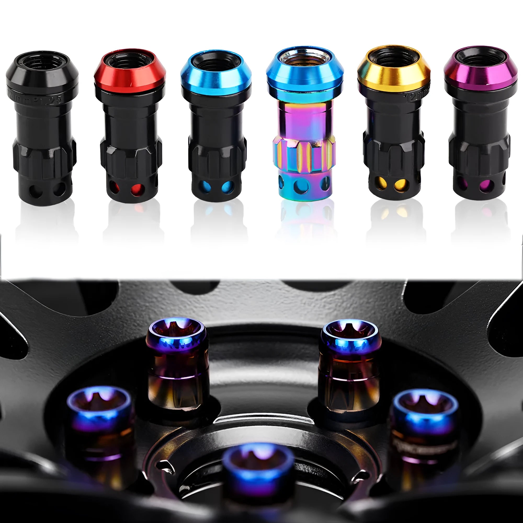 Aluminium alloy wheel hub nut with flat head design in selected colour option