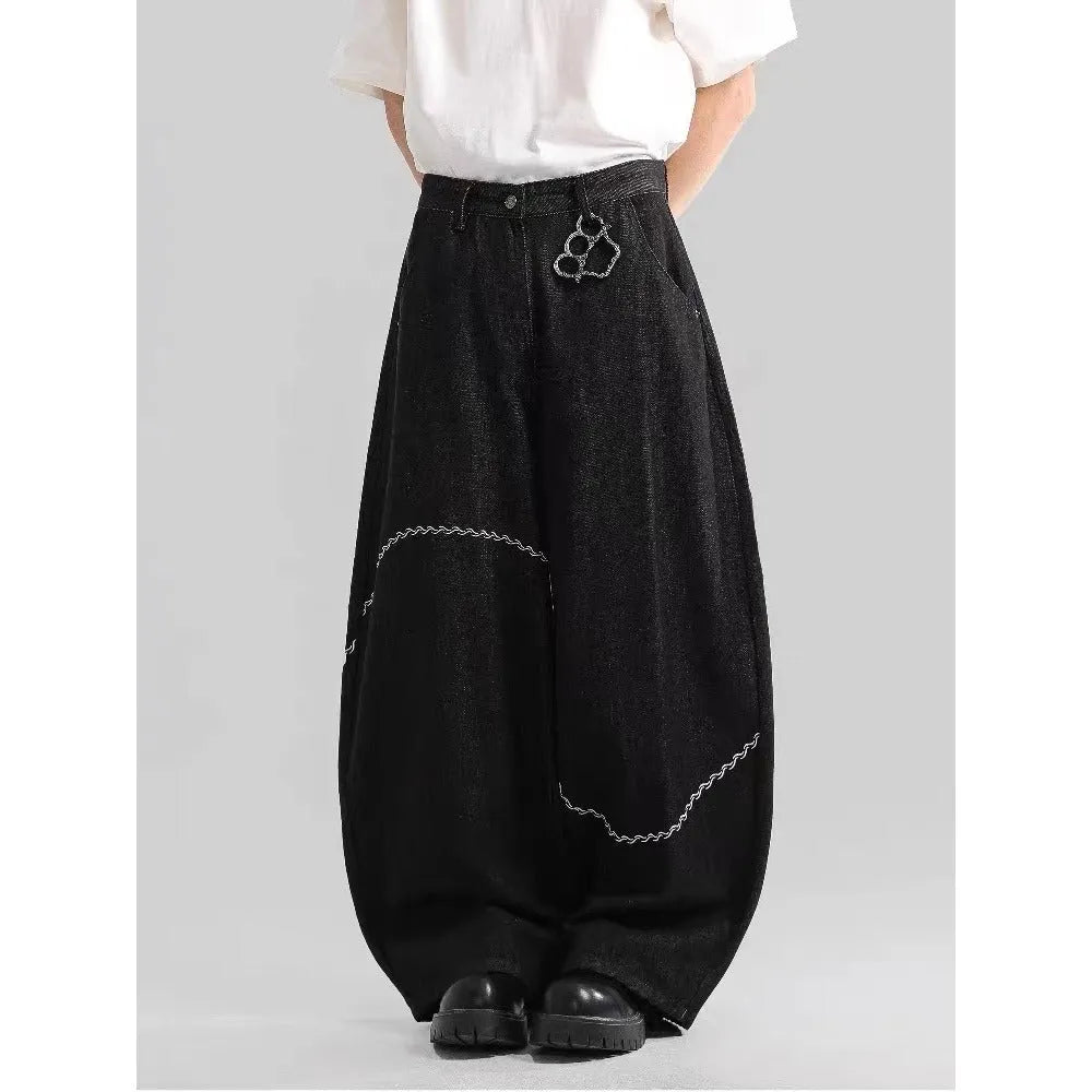 Black straight-leg denim trousers with mid-waist design and micro-elastic fabric