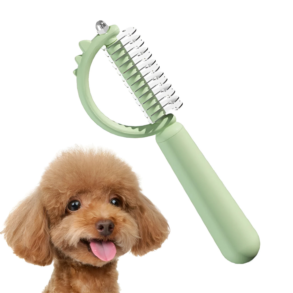 Blue dinosaur-shaped cat brush with double-sided grooming heads and self-cleaning button