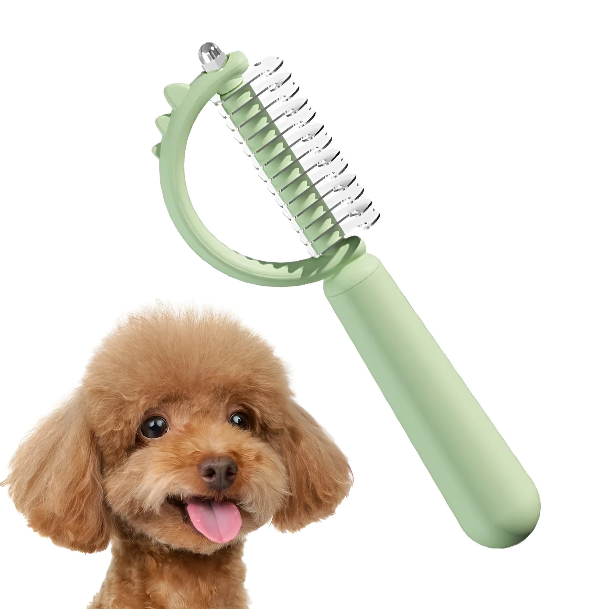 Blue dinosaur-shaped cat brush with double-sided grooming heads and self-cleaning button
