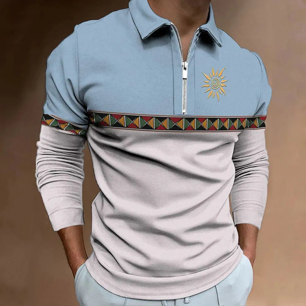 Men's loose fit long sleeve t-shirt with retro colour printing and zipper decorations on textured fabric.