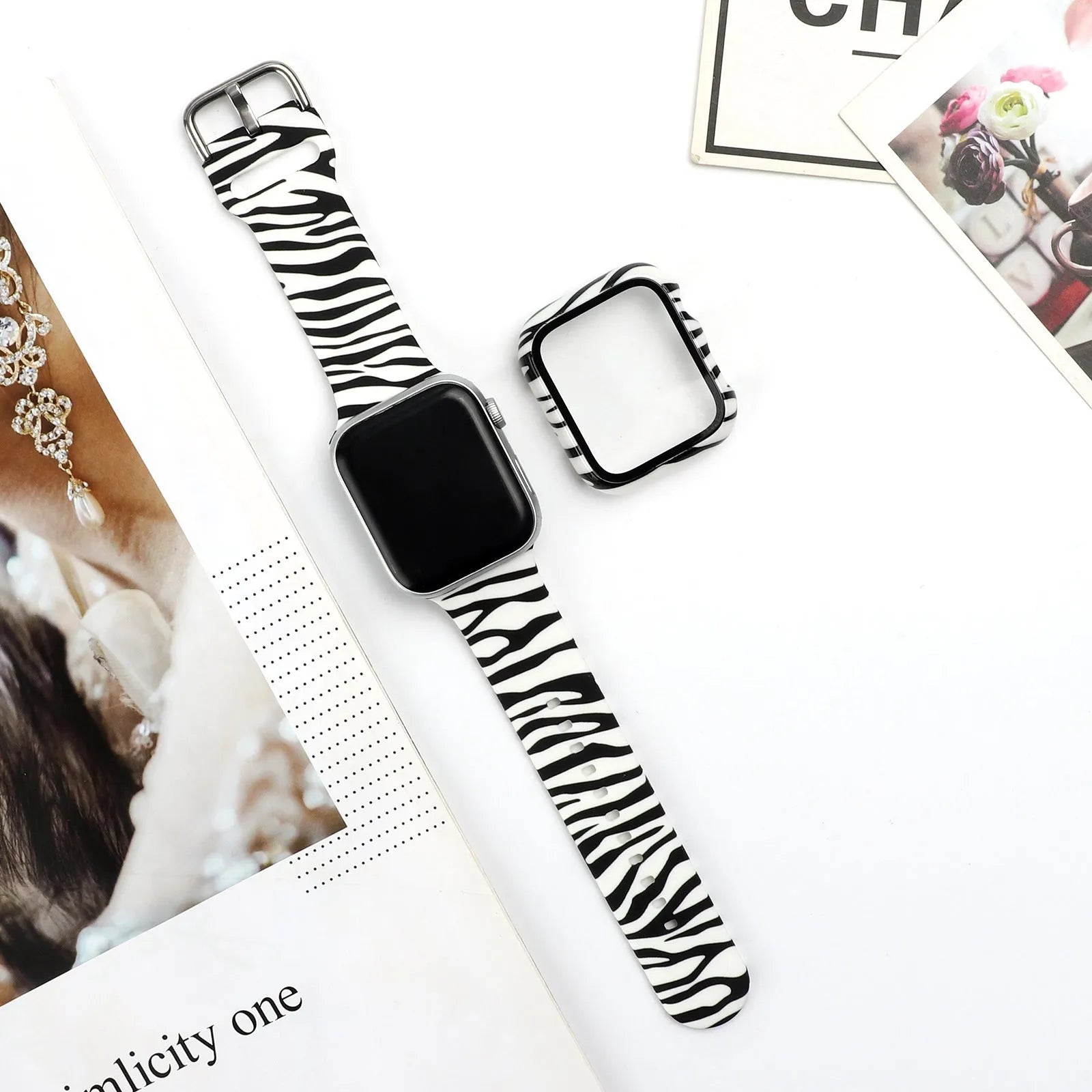 Printed silicone replacement watch strap for Apple iWatch showing multiple design options and size fit.