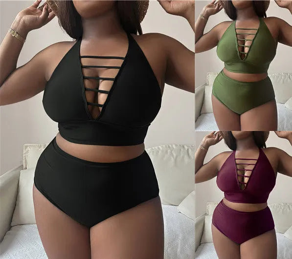 Plus size halter bikini with adjustable cross shoulder straps and high waist briefs in solid colour