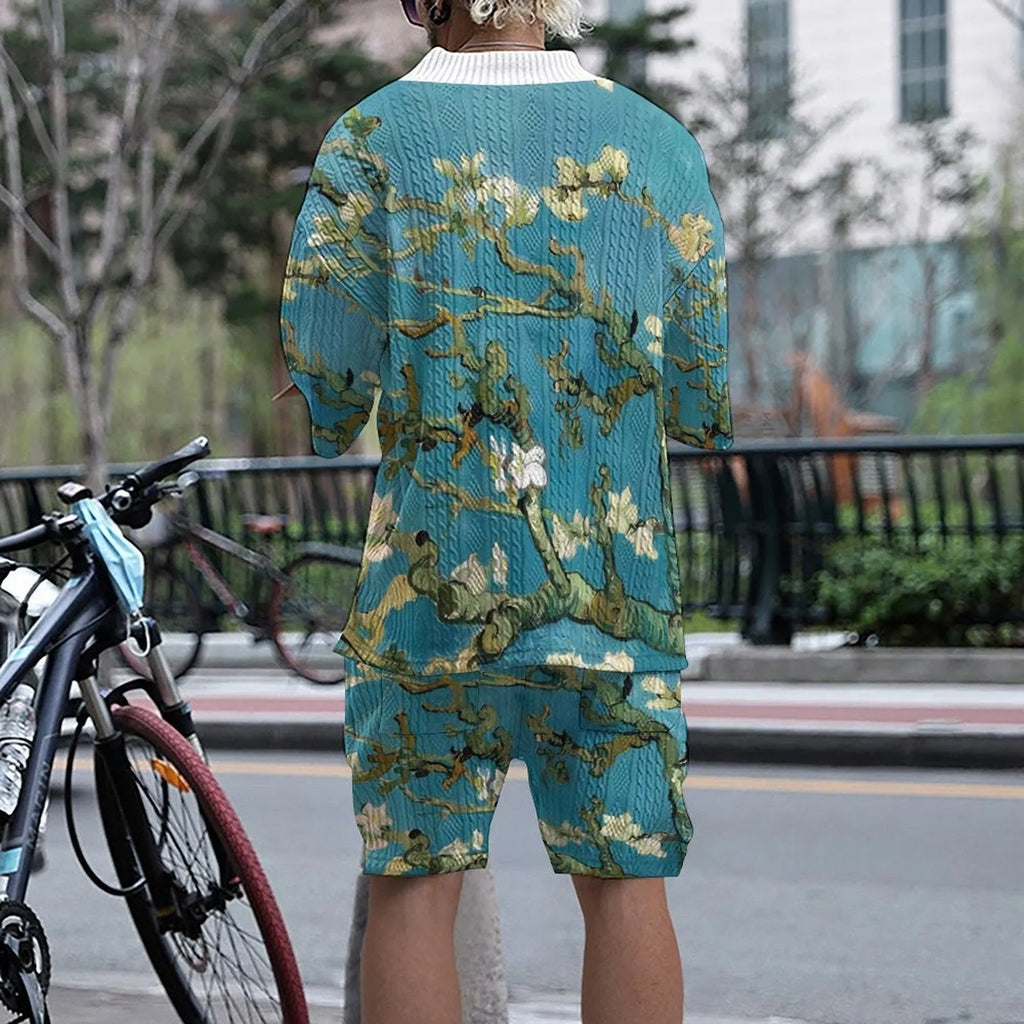 Men's peacock blue 3D printed knitted shorts set with matching T-shirt top