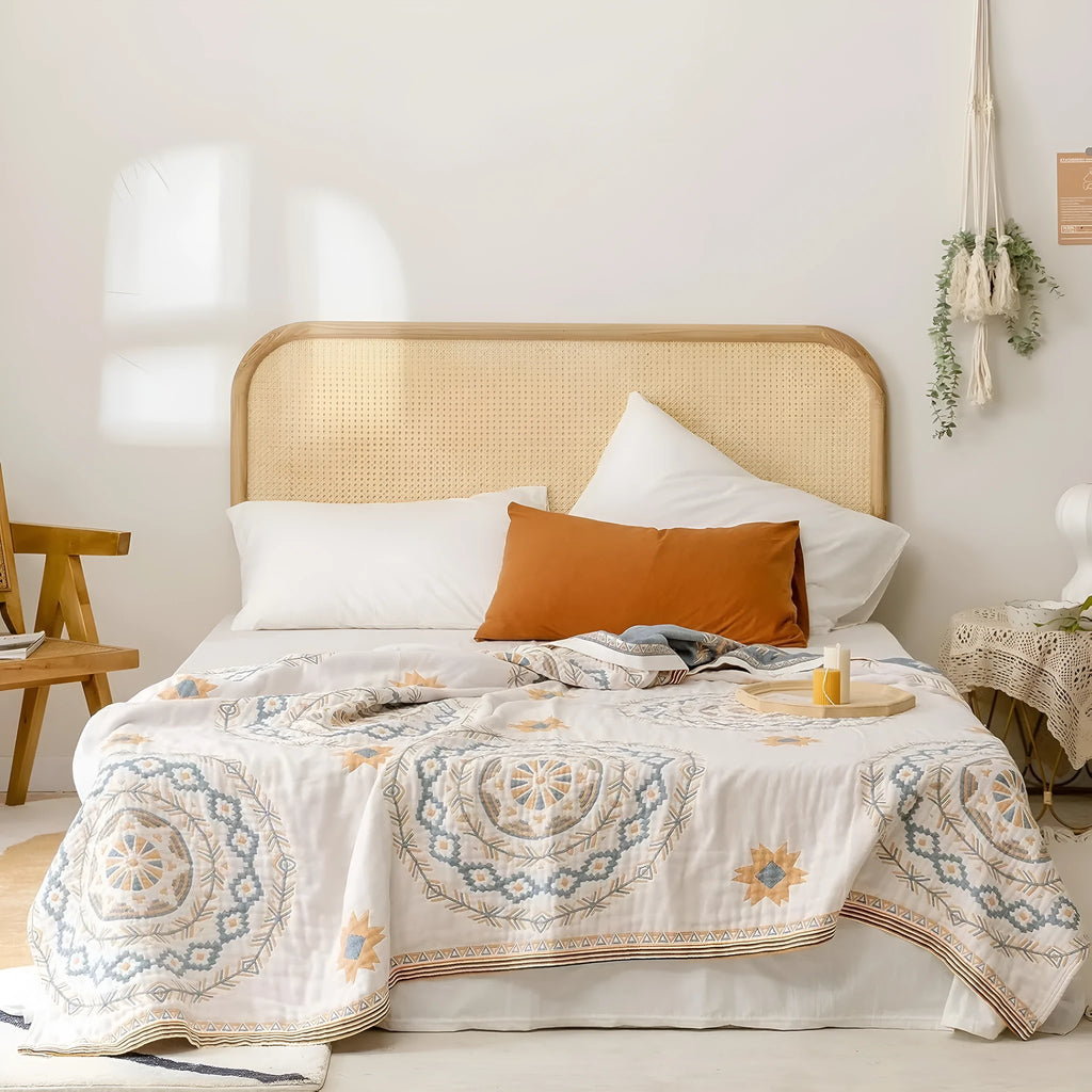 Cotton geometric pattern towel blanket in modern simplicity style shown in home setting
