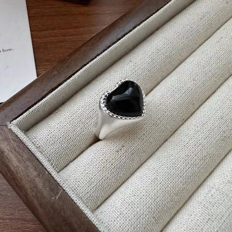 S925 sterling silver adjustable heart agate ring with black stone and open mouth design