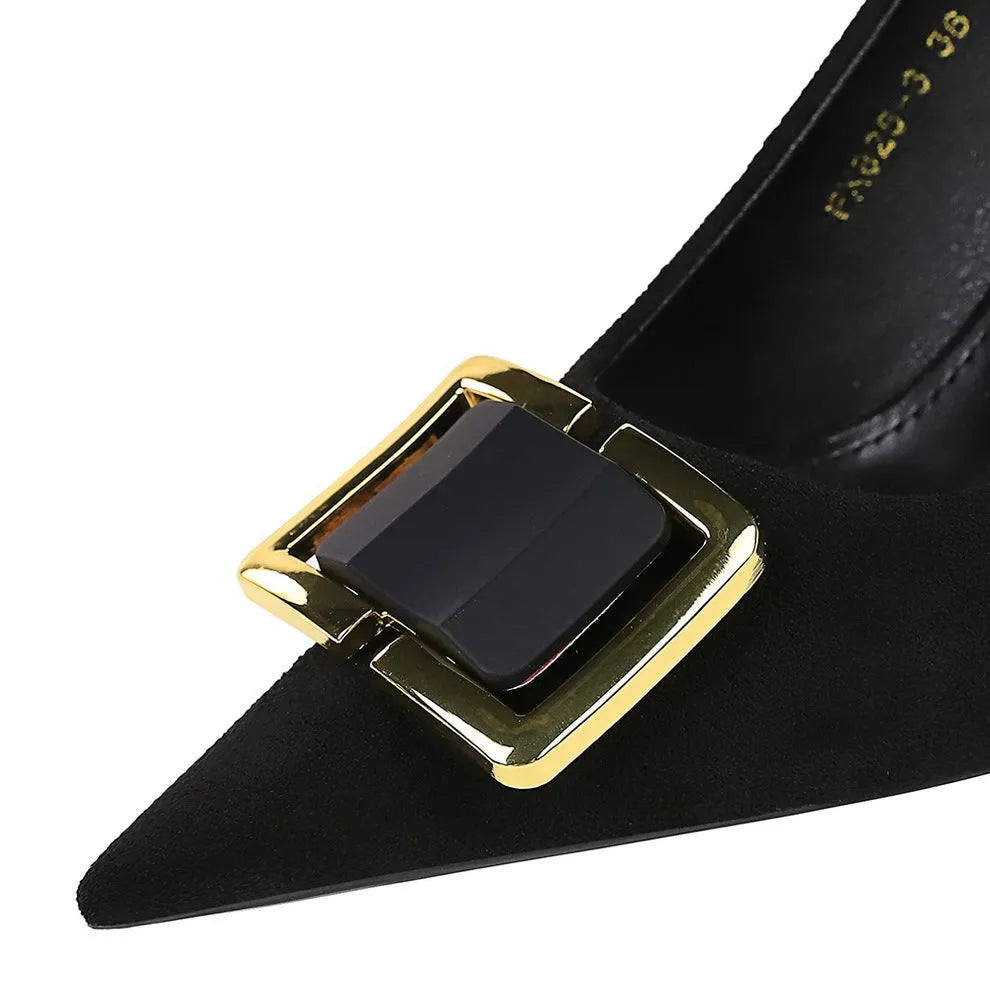 Black suede women's stiletto heels with 9cm heel and shallow cut design