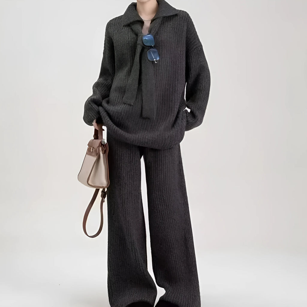 Women's sweater suit two-piece set with knitted top and casual trousers in neutral colours