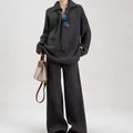 Women's sweater suit two-piece set with knitted top and casual trousers in neutral colours