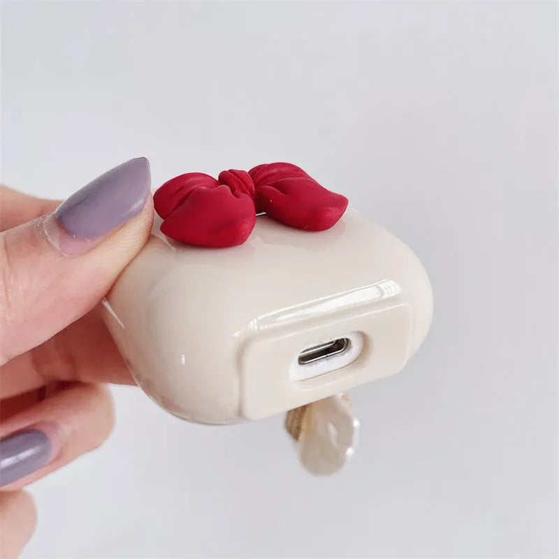 Beige red bow shell TPU protective case for AirPods Pro wireless earphones with clamshell opening
