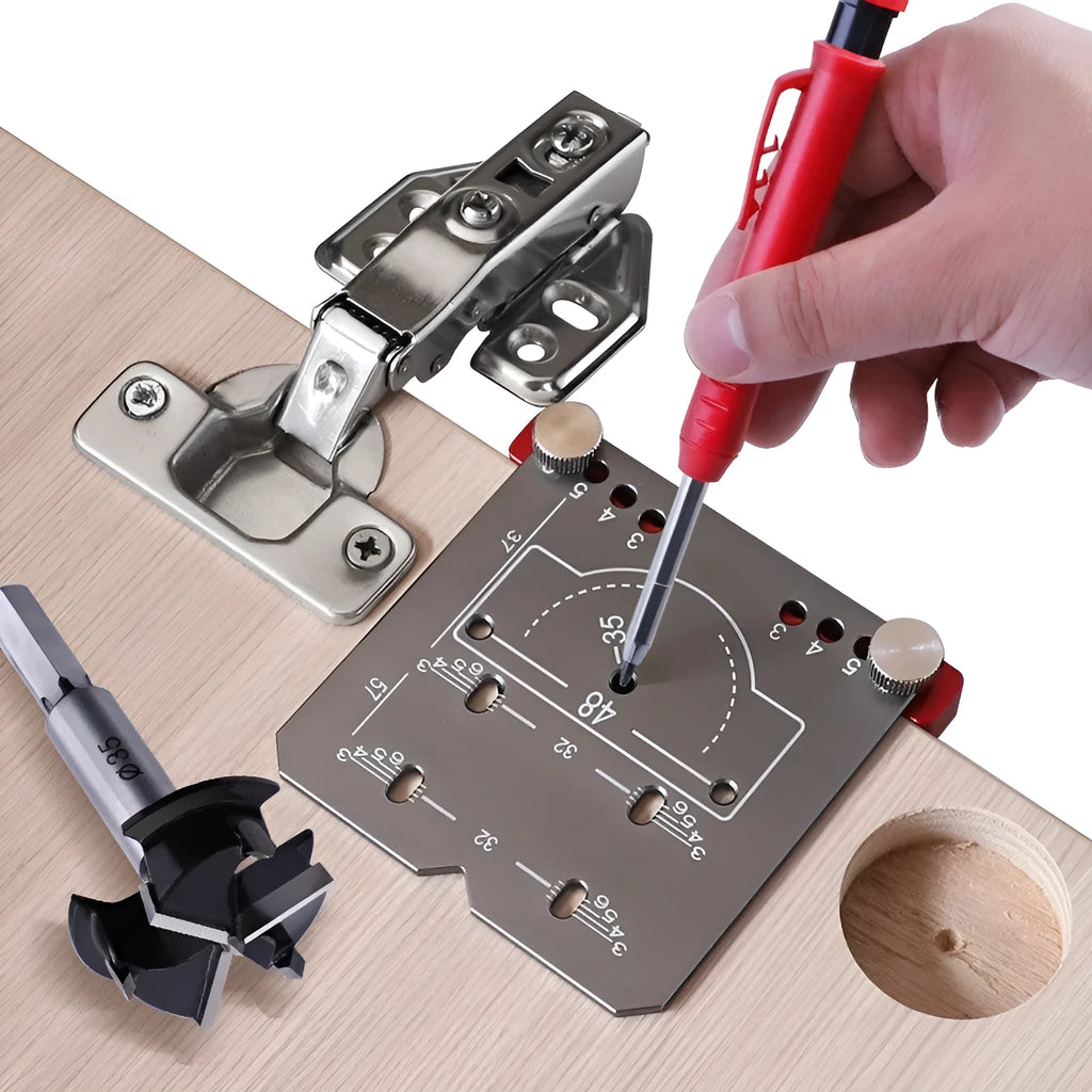 35mm adjustable hinge punch locator tool with red aluminium ruler and hard alloy tapper blade.