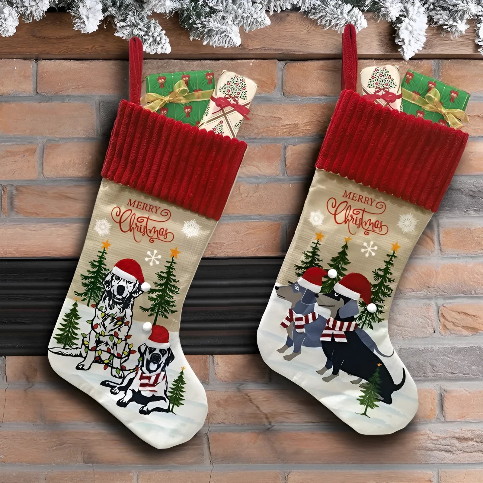 Large 46x28cm cloth Christmas tree pendant with pet and gift bag design in pastoral style