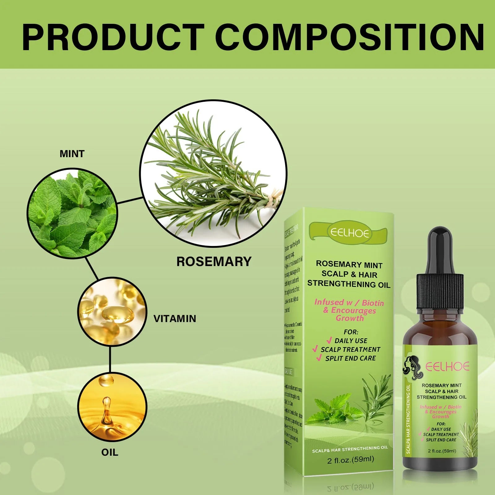 59ml bottle of Rosemary Mint Hair Growth Fluid for scalp nourishment and hair repair