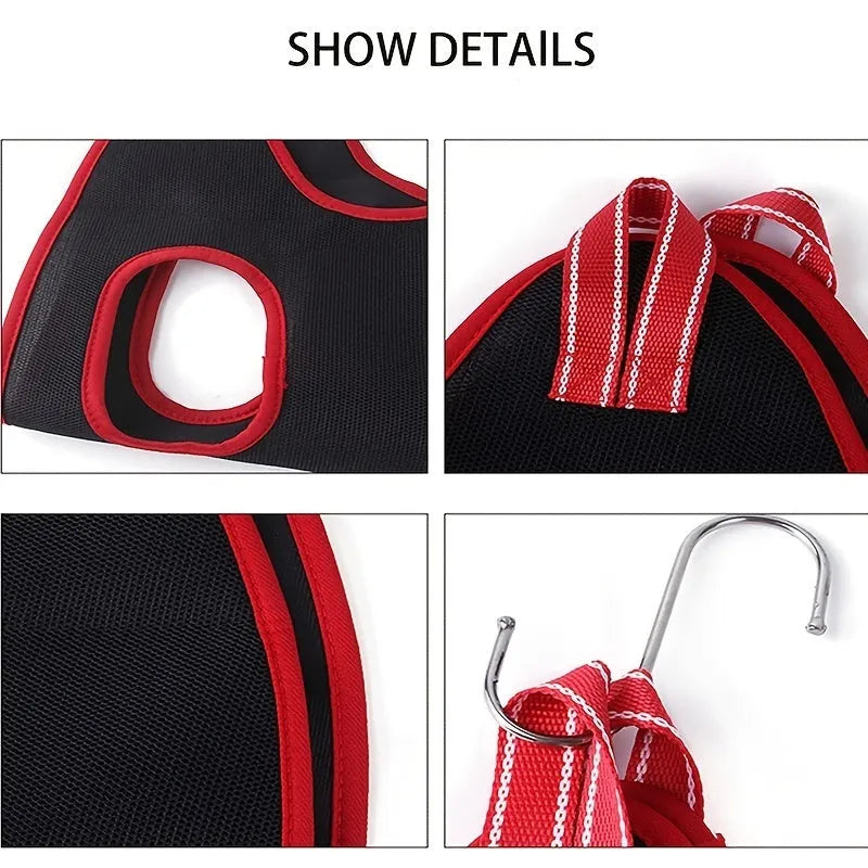 Pet grooming hammock restraint bag in four sizes hanging for cat and dog nail trimming and bathing.