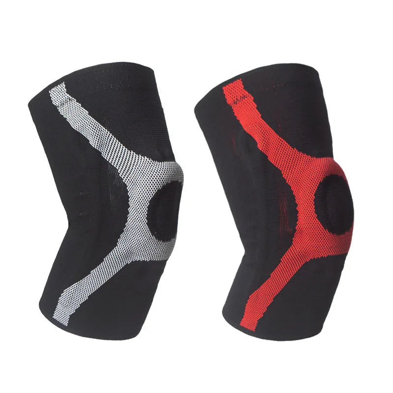 Red and grey silicone sports kneecaps for non-slip running and climbing protection.