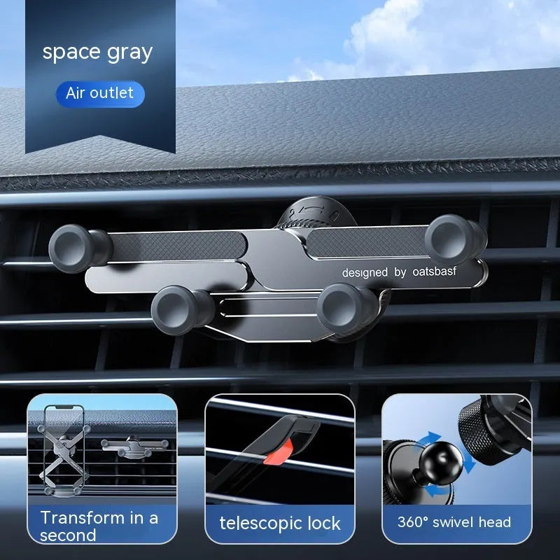 An invisible aluminium alloy phone holder for car air vents, shown in black.