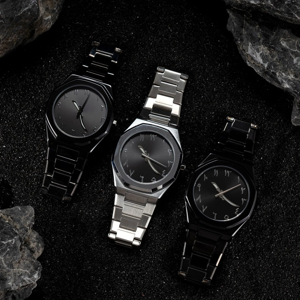 Men's business casual quartz watch with stainless steel strap showing black dial and 10mm thickness.