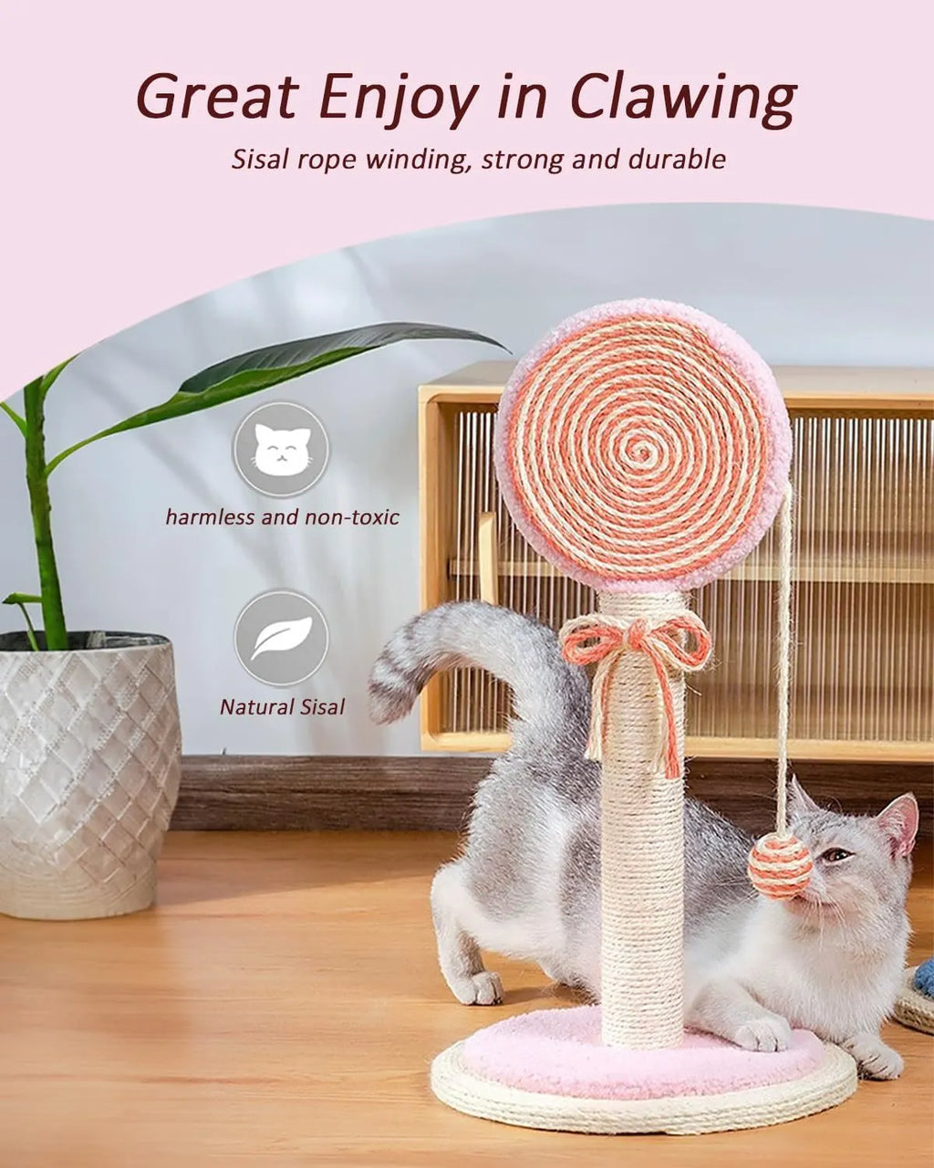 Blue cat scratching post with natural sisal rope and hanging ball on sturdy base
