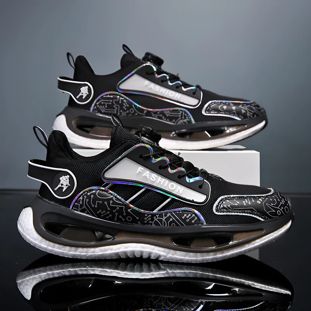 Men's low top mesh sports shoes in black with popcorn TPU sole for jogging and running