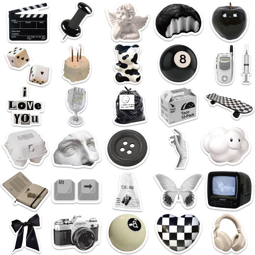 61-piece black and white PVC waterproof sticker pack for laptops, phones, luggage, and sports equipment decoration