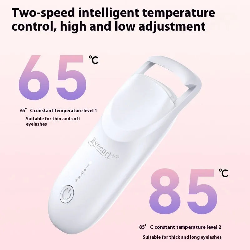 USB electric eyelash curler in cream white, pink, or apricot with charging cable.
