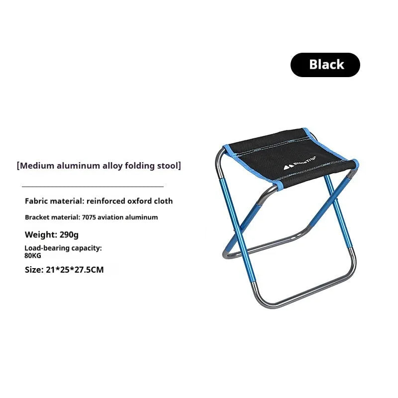 Black folding camping stool with aluminum alloy frame, shown in folded and unfolded positions.