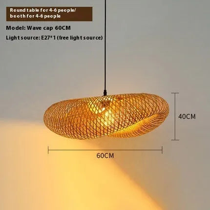 Bamboo straw hat-shaped hanging ceiling lamp in natural woven finish