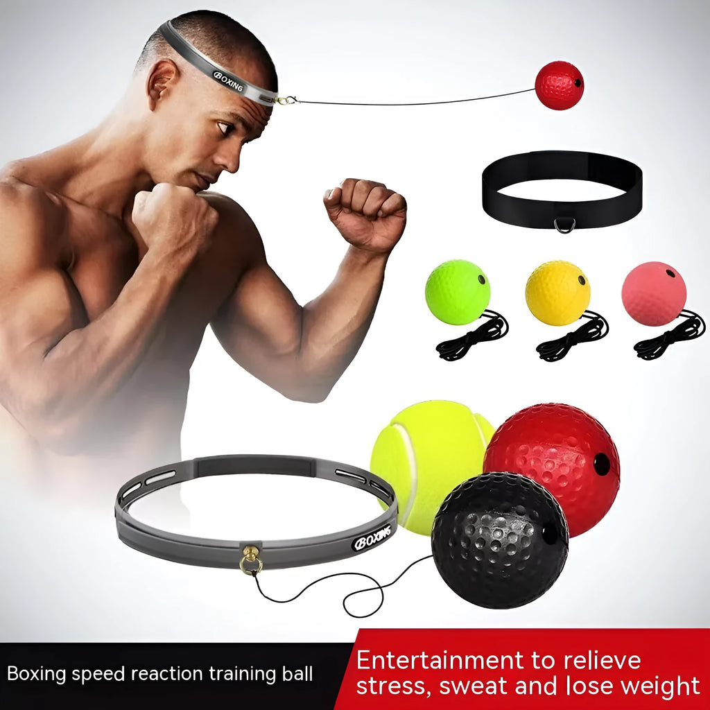 Head-mounted boxing reaction training ball set showing multiple coloured balls and adjustable headbands.