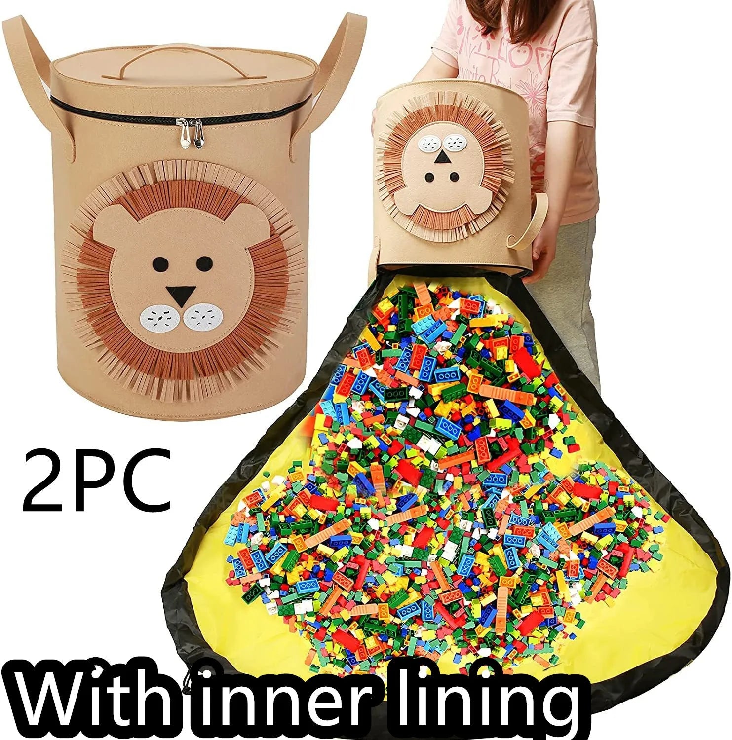 Green cube-shaped felt storage bag with a pull rope, shown as a toy organiser and play mat.