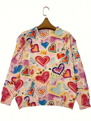 Women's loose-fit digital printed top with lapel collar in various sizes showing vibrant print design