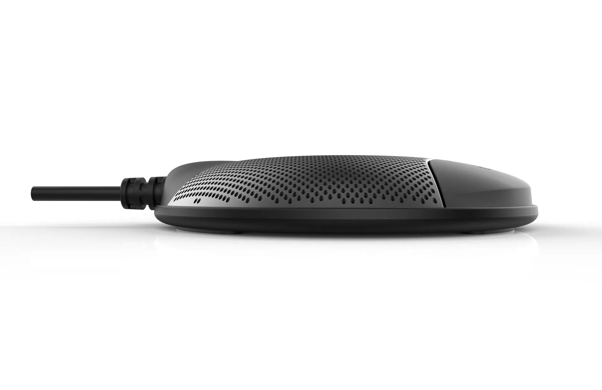 Black USB condenser microphone for conference and recording with 9x9x1.7cm desktop dimensions