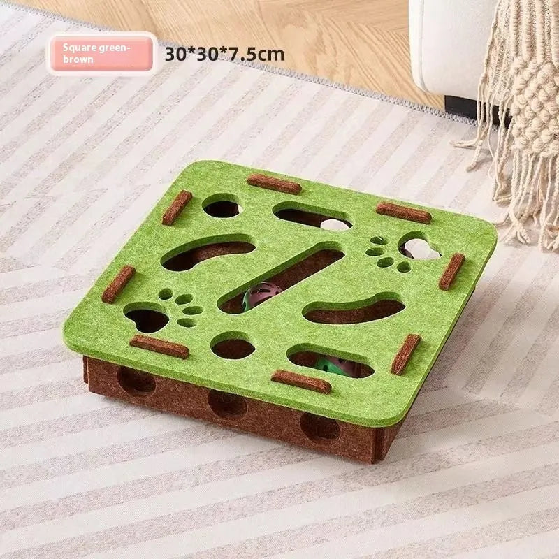 Green brown felt cat scratching box measuring 30cm square for feline enrichment