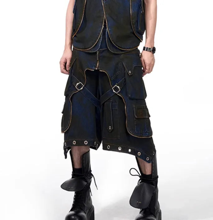 Blue Korean-style hooded denim vest coat and matching trousers outfit with front zipper closure