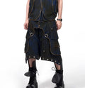 Blue Korean-style hooded denim vest coat and matching trousers outfit with front zipper closure
