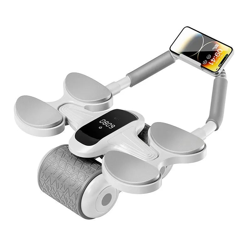 White household fitness roller with LED screen for belly contracting and rolling exercises.