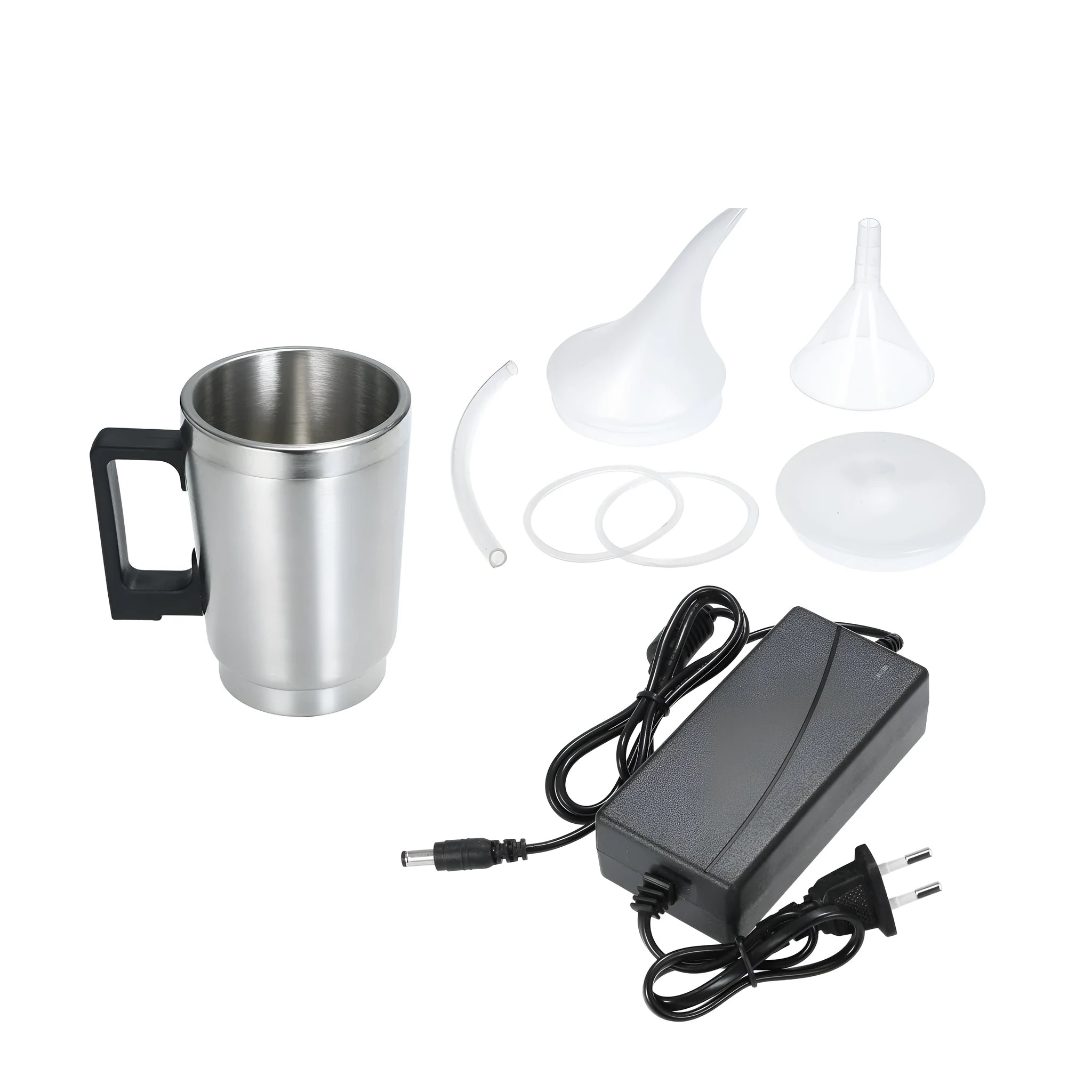 Stainless steel automobile headlamp renovation kit parts including cups, elbow cover, and power adapter on a workbench