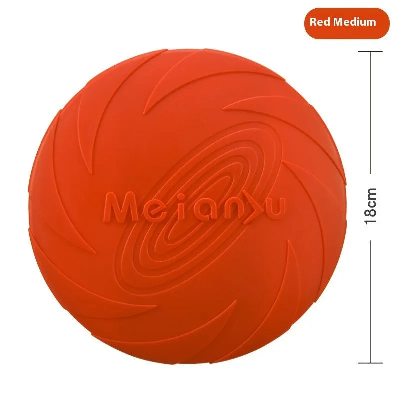 Soft rubber dog frisbee toy for outdoor fetch, shown in three sizes and red, blue, green colour options.