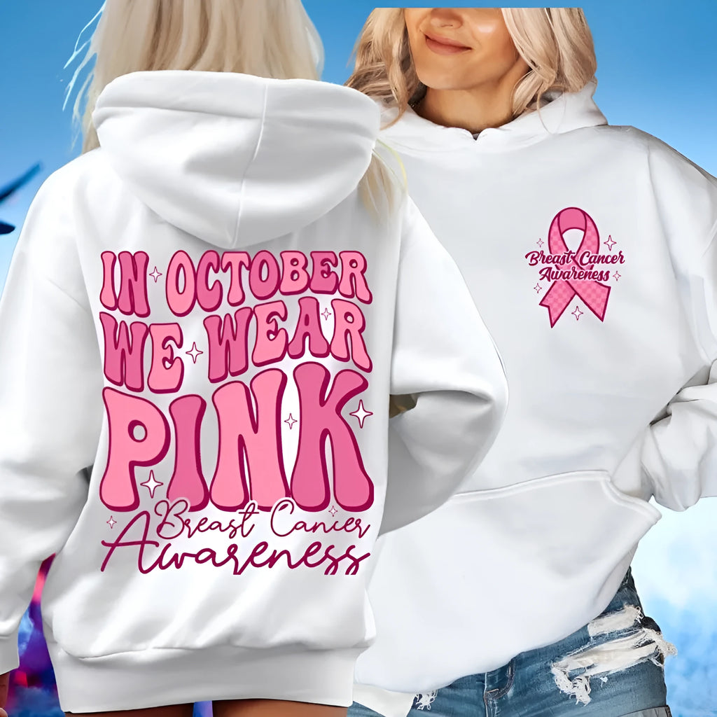 Retro print breast cancer awareness pullover hoodie with side seam pockets in pink.