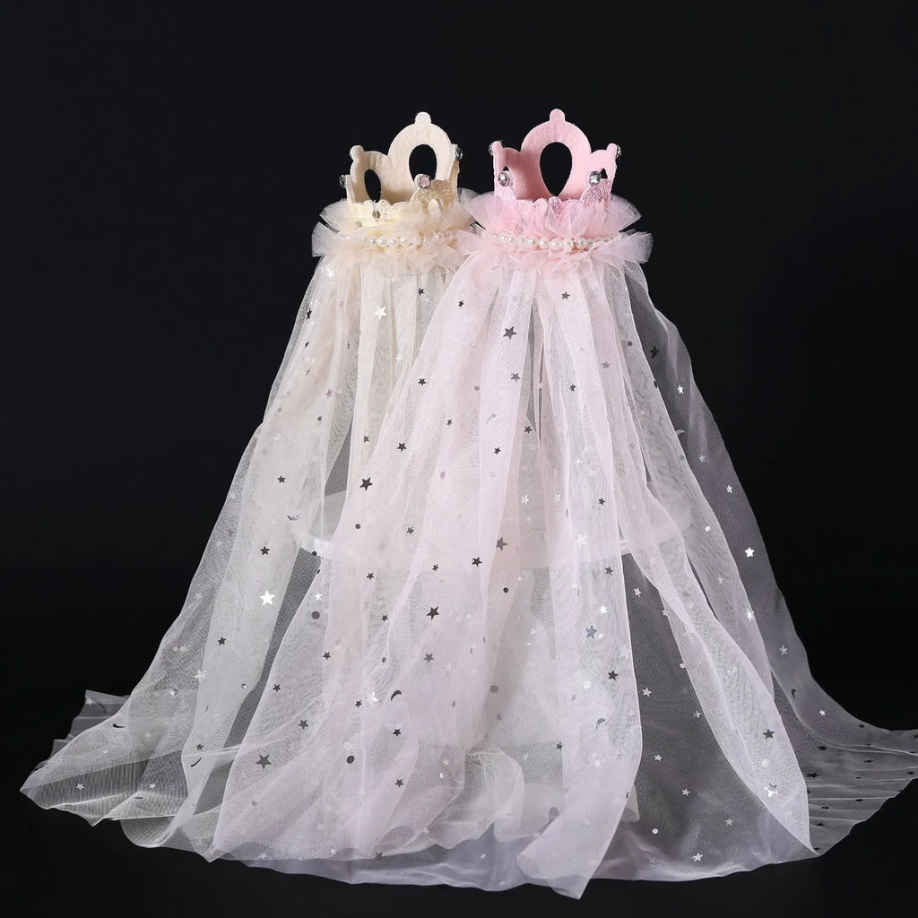 Pet princess crown headdress with cotton polyester veil in beige and pink options for cat and dog special events