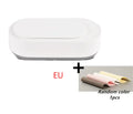 White portable ultrasonic cleaner with stainless steel tank and a single control button.