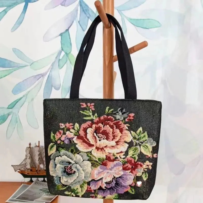 Double-sided gold wire embroidered canvas tote bag with polyester lining in medium size