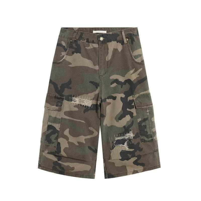 Men's loose-fit camouflage cropped jeans with ripped knee detailing, shown in a straight-leg silhouette.