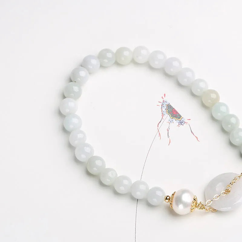 Women's jade pearl bracelet with natural emerald peace buckle charm in geometric national style