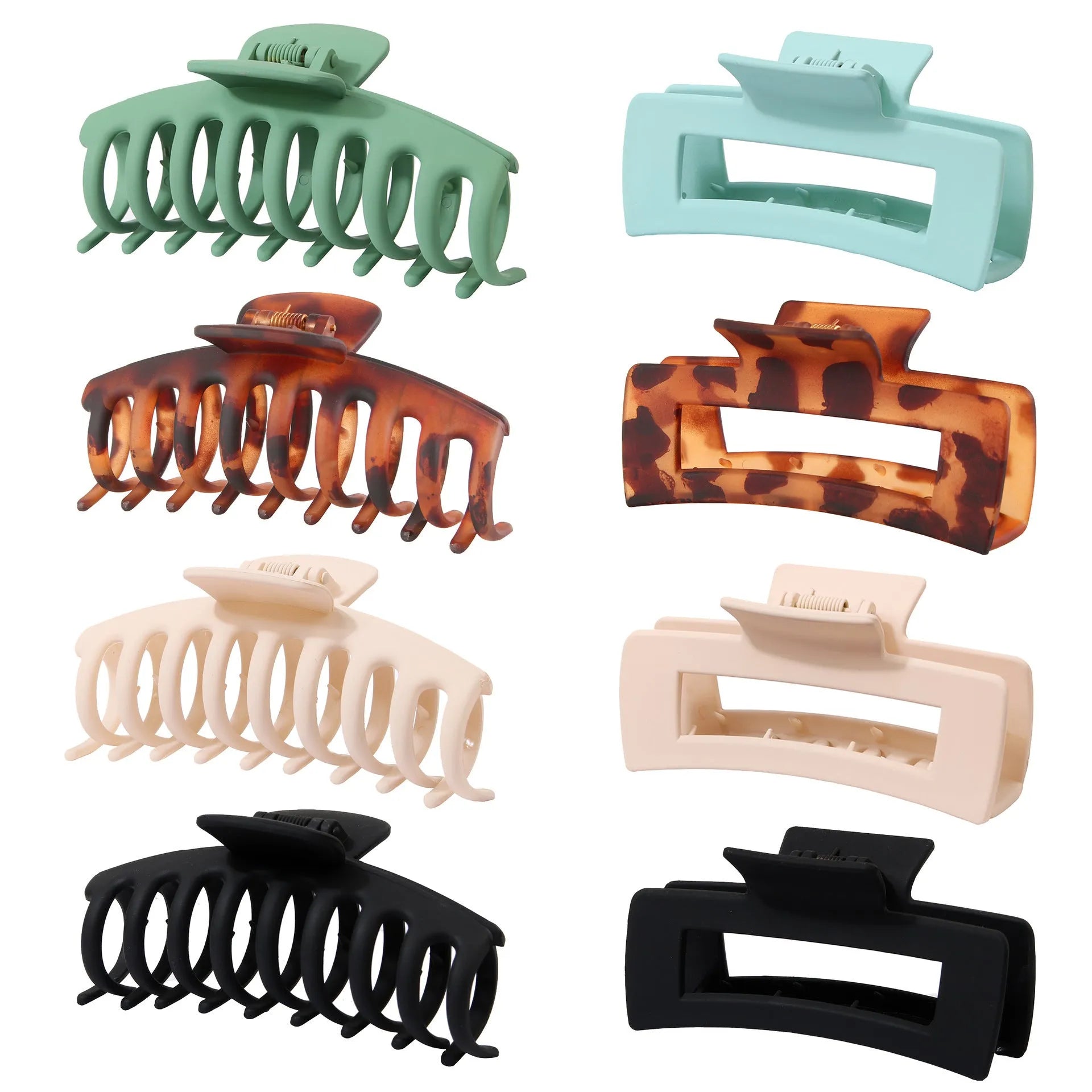 Six nude and rose red plastic hair clips with quadrilateral frosted grip design on white background