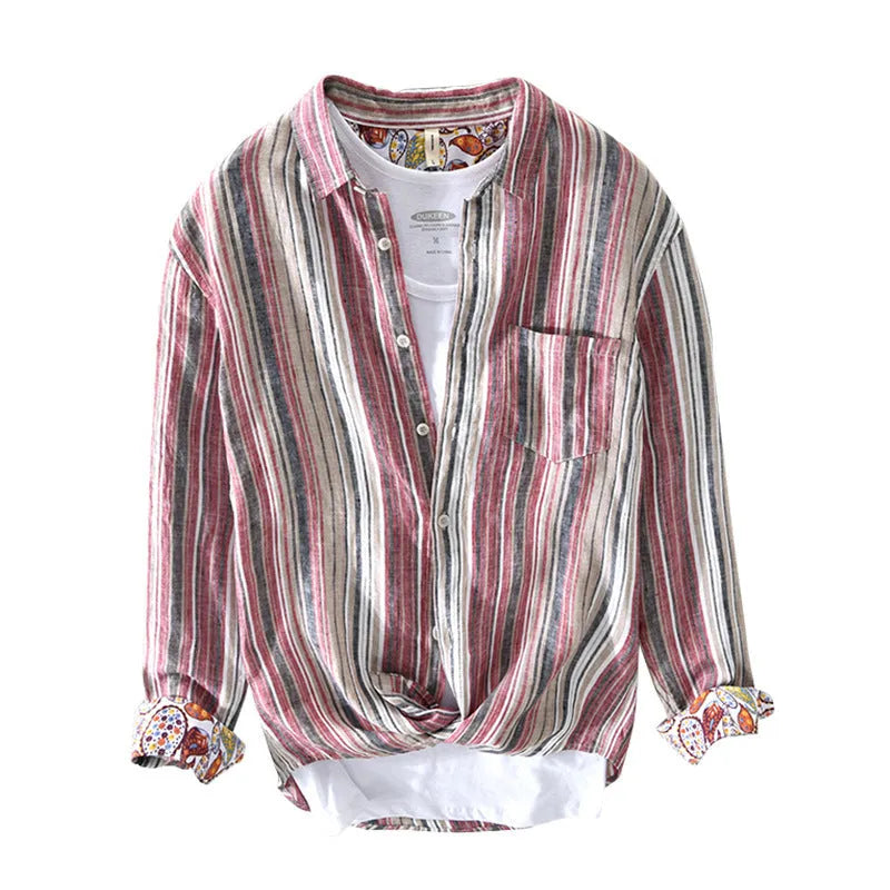 Men's striped linen casual shirt in loose fit with long sleeves