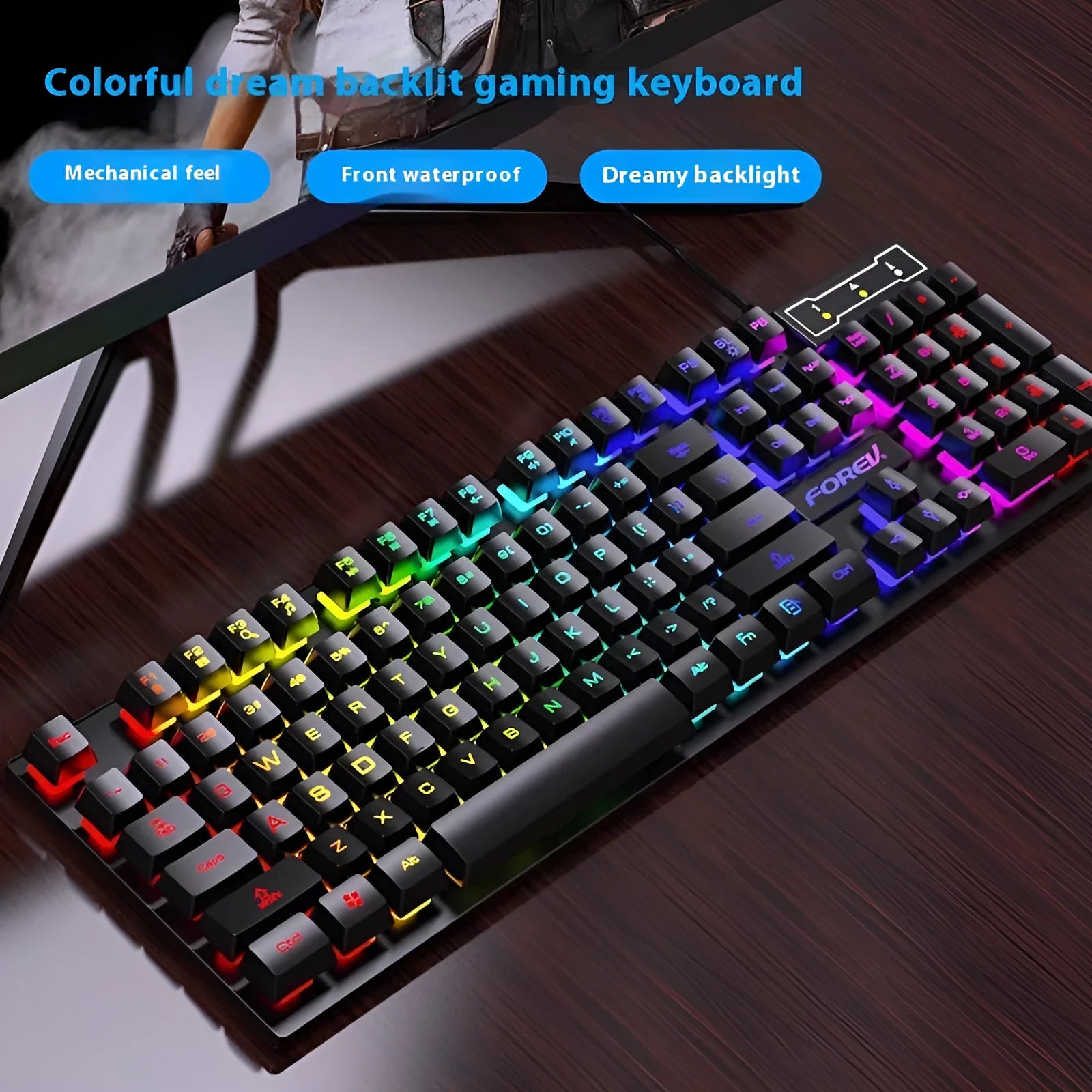 Black portable gaming keyboard with 104 keys and backlight alongside matching mouse