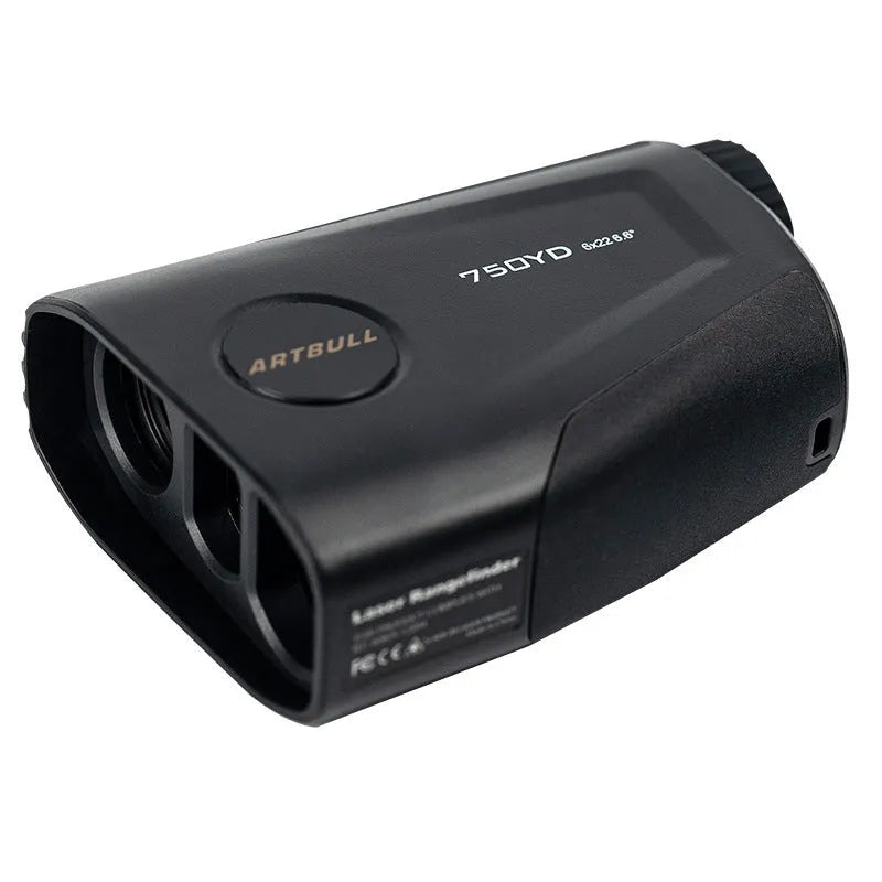 Golf laser rangefinder with LCD display showing distance measurement and slope compensation indicator
